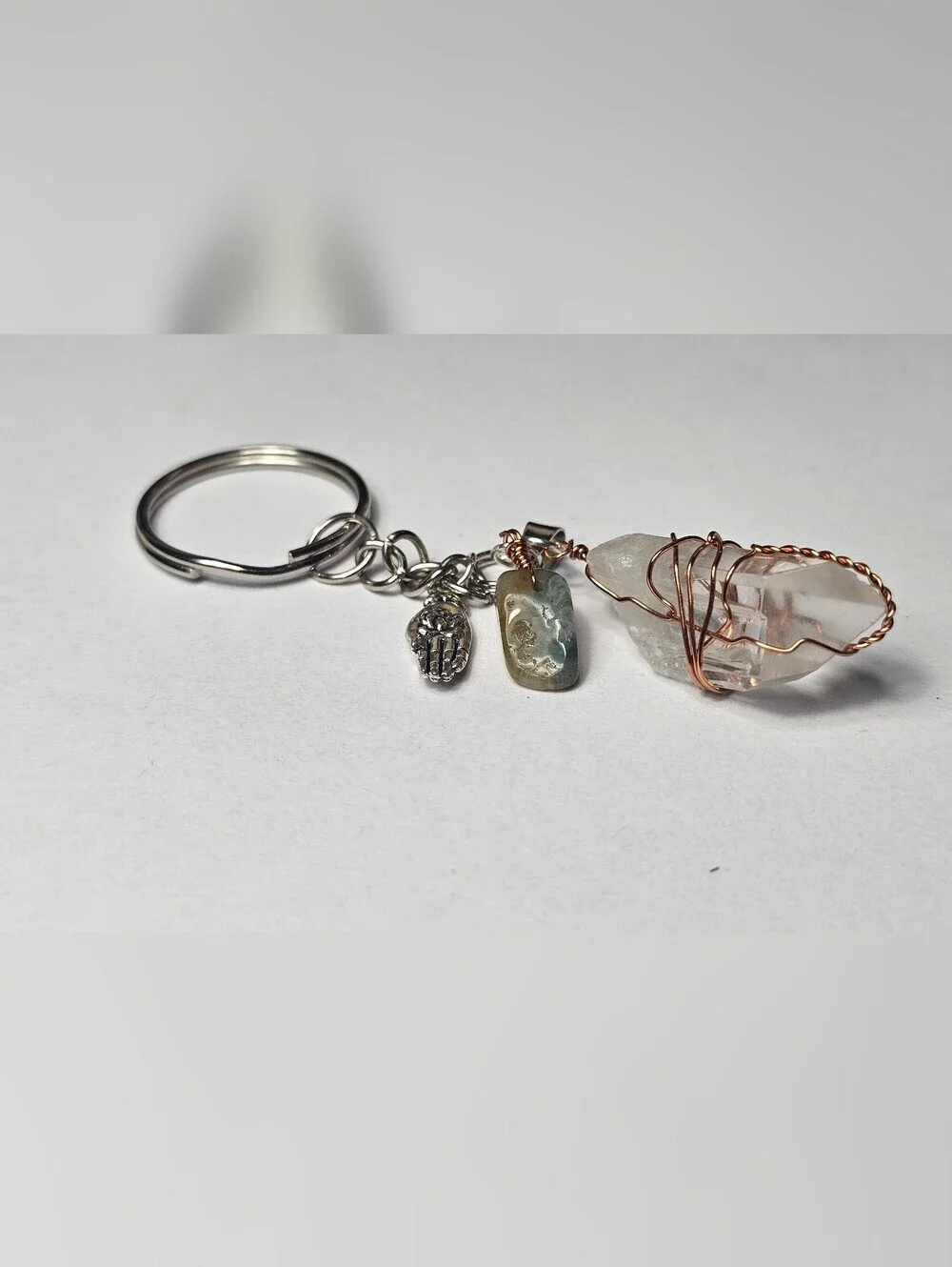 Handmade Clear Crystal Wire-Wrap Keychain with Stone Accent